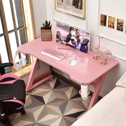 Pink Gaming Desk, Z-Shaped Computer Desk W/Adjustable Foot Pads, Ergonomic Gamer Desk W/Horizontally Rotatable Headphone Hook & Cup Holder, Humanized Home Office Desk for Gaming (Pink)