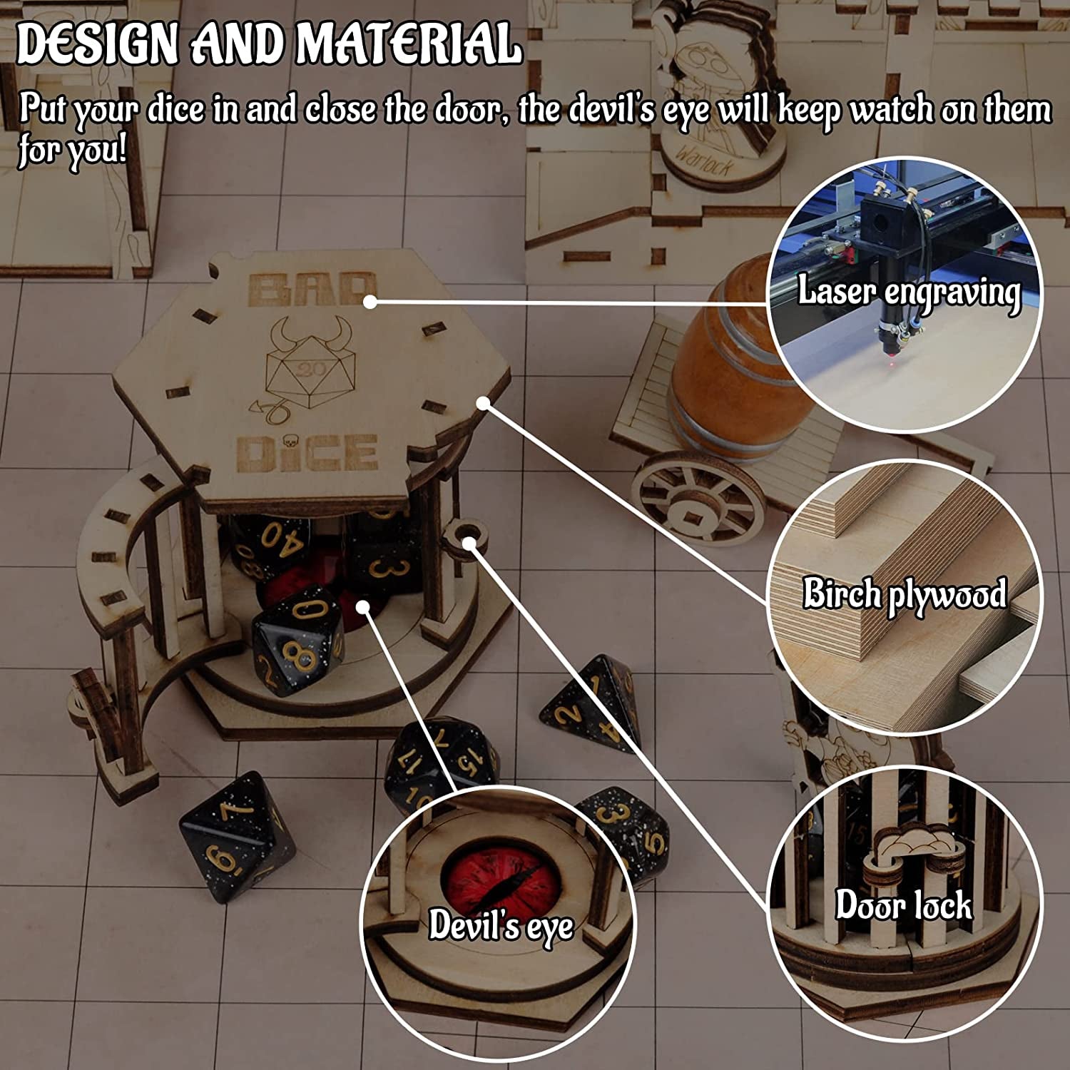 DND Dice Jail Prison with Polyhedral Dice Set Wood Cage for Your Bad Dice (Dice Jail A)