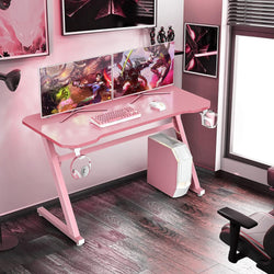 Pink Gaming Desk, Z-Shaped Computer Desk W/Adjustable Foot Pads, Ergonomic Gamer Desk W/Horizontally Rotatable Headphone Hook & Cup Holder, Humanized Home Office Desk for Gaming (Pink)