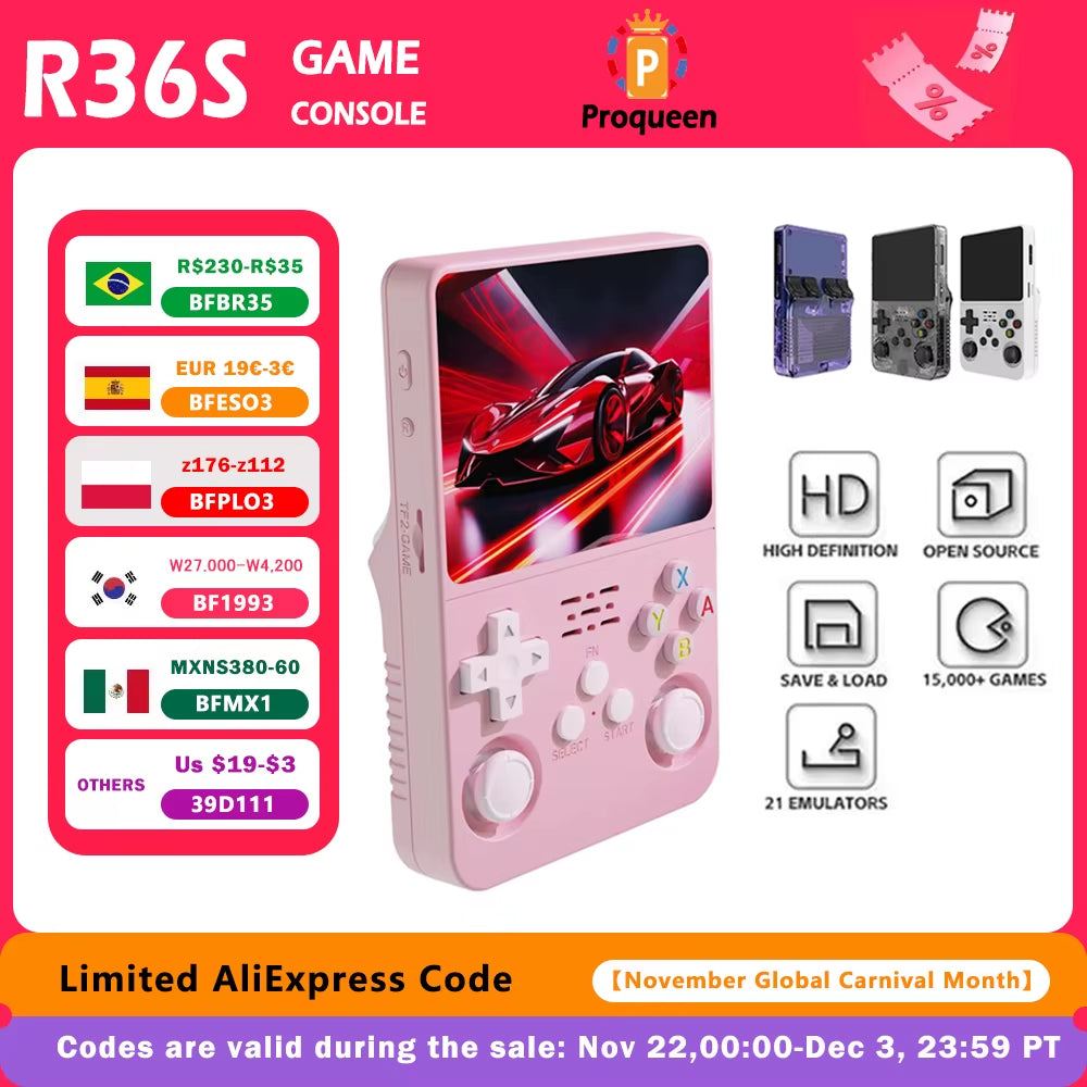 128G Open Source R36S Retro Handheld Video Game Console Linux System 3.5 Inch IPS Screen Portable Pocket Video Player 64GB Games