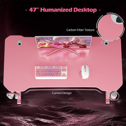 Pink Gaming Desk, Z-Shaped Computer Desk W/Adjustable Foot Pads, Ergonomic Gamer Desk W/Horizontally Rotatable Headphone Hook & Cup Holder, Humanized Home Office Desk for Gaming (Pink)