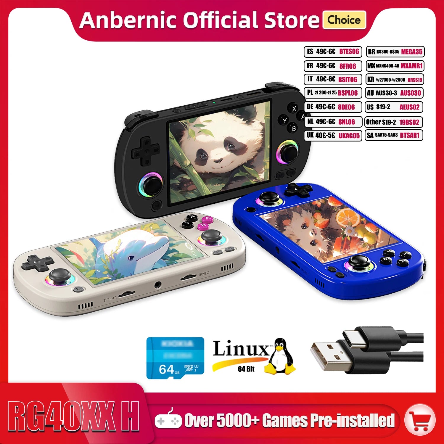 RG40XX H Handheld Game Console 4.0-In 640*480 IPS Screen 3200Mah 64 Bit System with RGB Light Built in 5K+Games RG40XXH