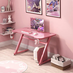 Pink Gaming Desk, Z-Shaped Computer Desk W/Adjustable Foot Pads, Ergonomic Gamer Desk W/Horizontally Rotatable Headphone Hook & Cup Holder, Humanized Home Office Desk for Gaming (Pink)