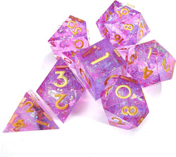 Gold Foil Resin DND Dice Set of 7 Pieces Rainbow Polyhedron Sharp Edge D&D Dice Set with Gift Box and Numbers for Dungeons & Dragons RPG and Pathfinder RPG Tabletop Dice Game(Purple)