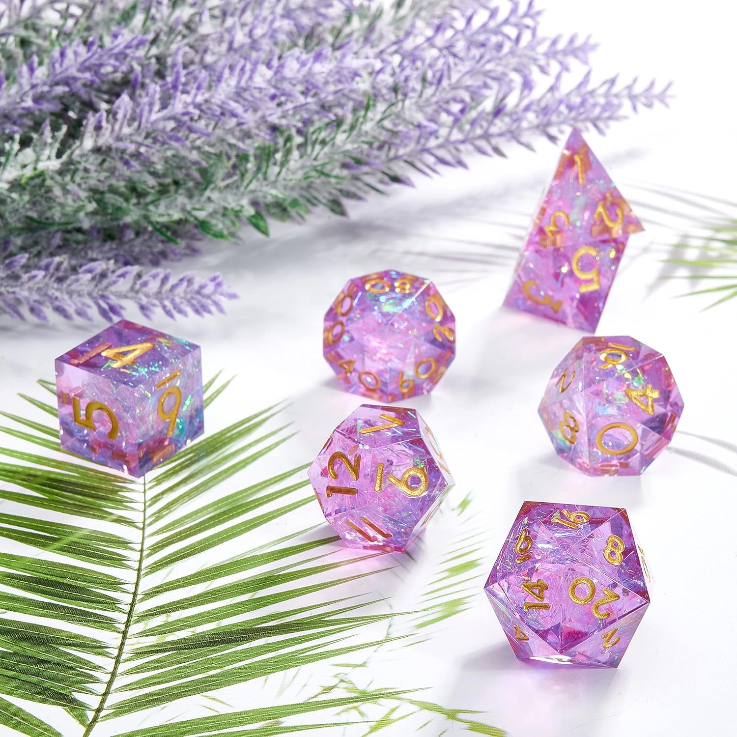 Gold Foil Resin DND Dice Set of 7 Pieces Rainbow Polyhedron Sharp Edge D&D Dice Set with Gift Box and Numbers for Dungeons & Dragons RPG and Pathfinder RPG Tabletop Dice Game(Purple)