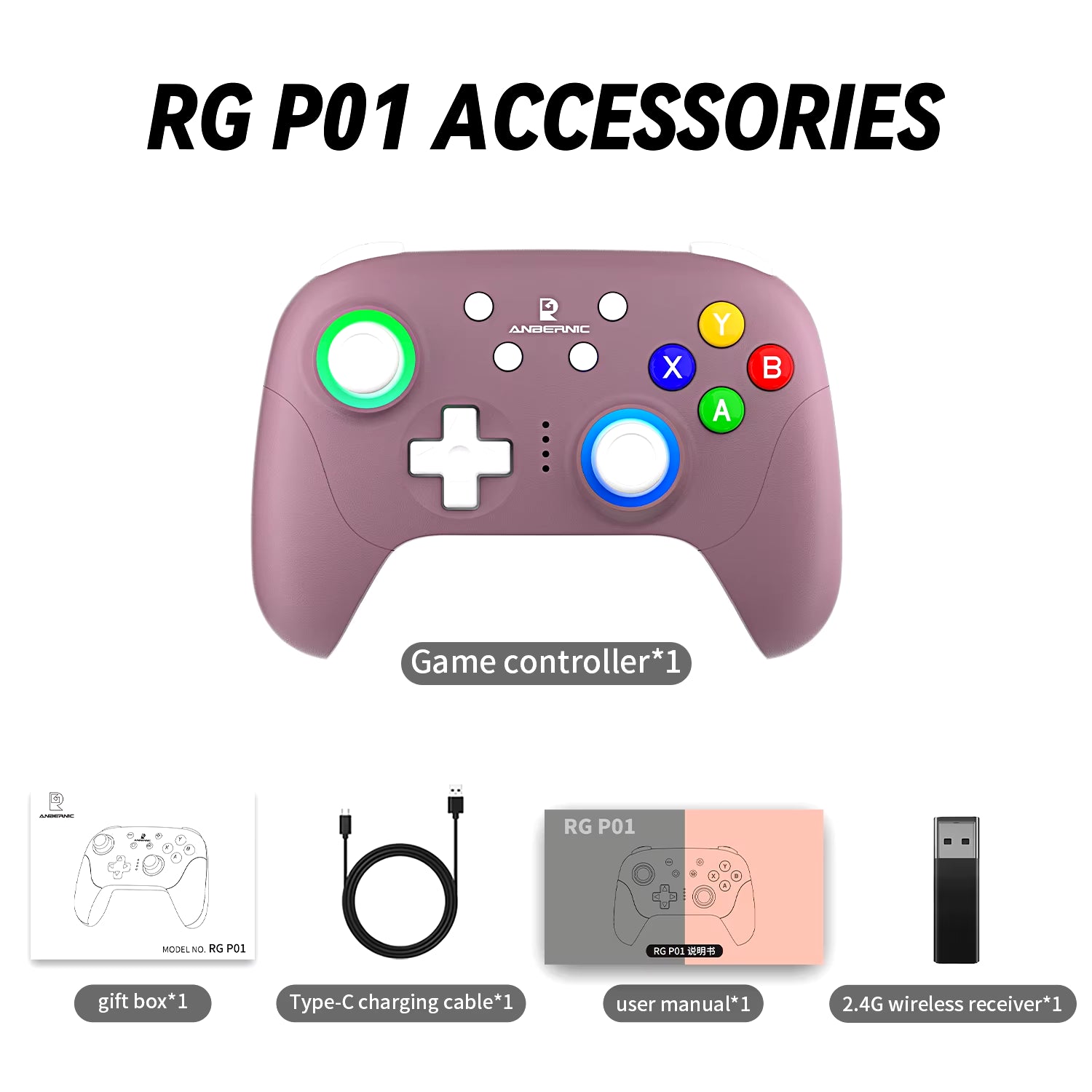 ANBERNIC RG P01 RGP01 Controller Wired Wireless Gamepad RGB  Effect Joystick Bluetooth Game Controller for PC Android IOS