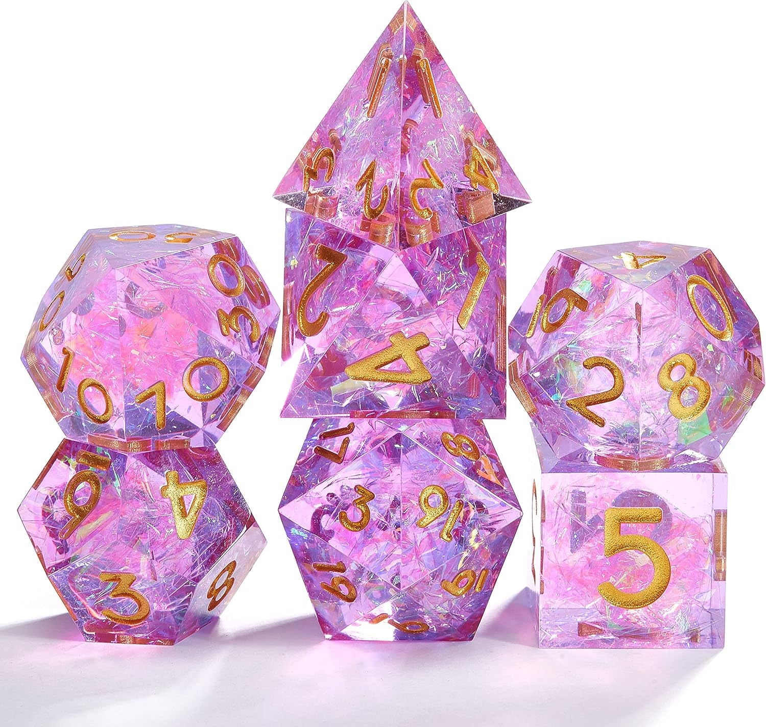 Gold Foil Resin DND Dice Set of 7 Pieces Rainbow Polyhedron Sharp Edge D&D Dice Set with Gift Box and Numbers for Dungeons & Dragons RPG and Pathfinder RPG Tabletop Dice Game(Purple)