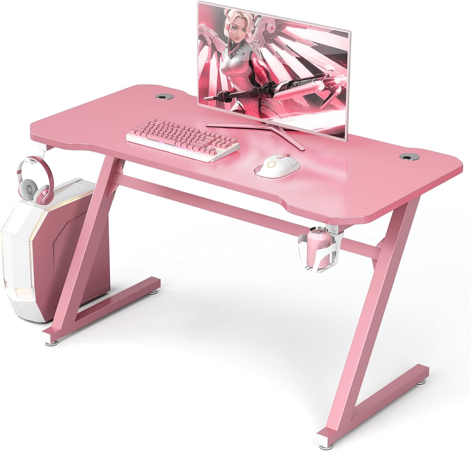 Pink Gaming Desk, Z-Shaped Computer Desk W/Adjustable Foot Pads, Ergonomic Gamer Desk W/Horizontally Rotatable Headphone Hook & Cup Holder, Humanized Home Office Desk for Gaming (Pink)