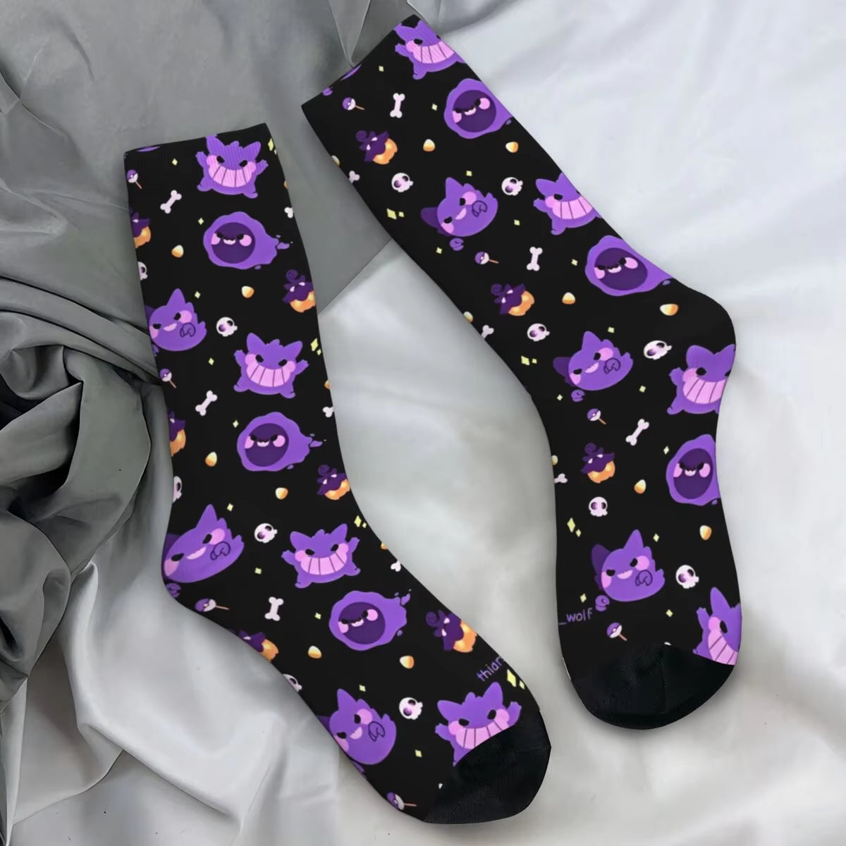 Japanese Anime Pokemon Gengar Cartoon Socks Trendy Stockings Autumn Non Slip Women Men Sock Soft Breathable Design Cycling Socks