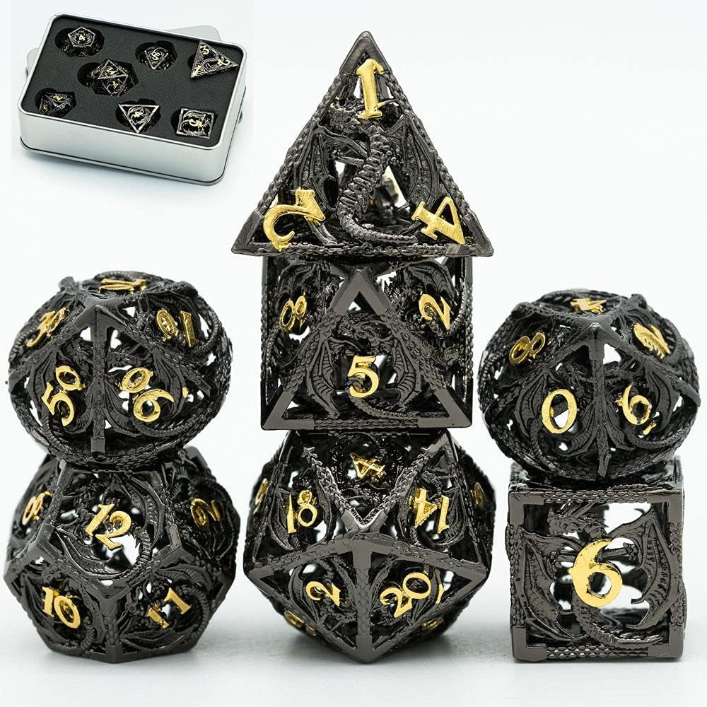 7PCS DND Dice Set, D&D Dice Set Dragon Hollow Dice with Tin Box, Metal D N D Dice for Dungeons and Dragons RPG MTG (Dragon Black Golden)