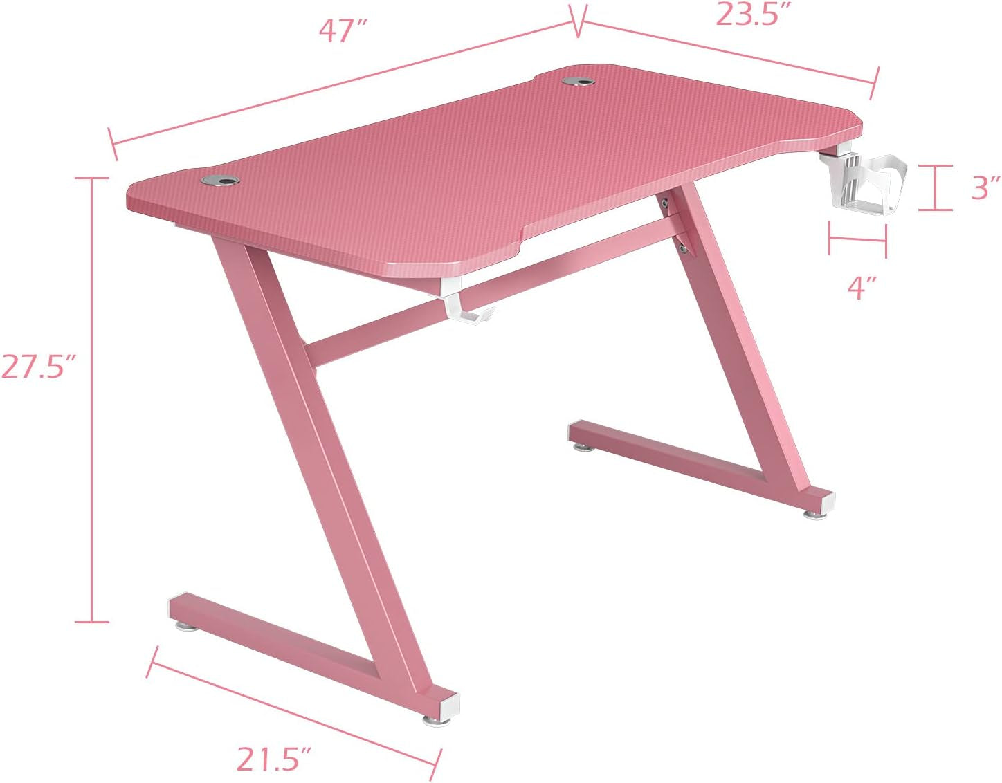 Pink Gaming Desk, Z-Shaped Computer Desk W/Adjustable Foot Pads, Ergonomic Gamer Desk W/Horizontally Rotatable Headphone Hook & Cup Holder, Humanized Home Office Desk for Gaming (Pink)