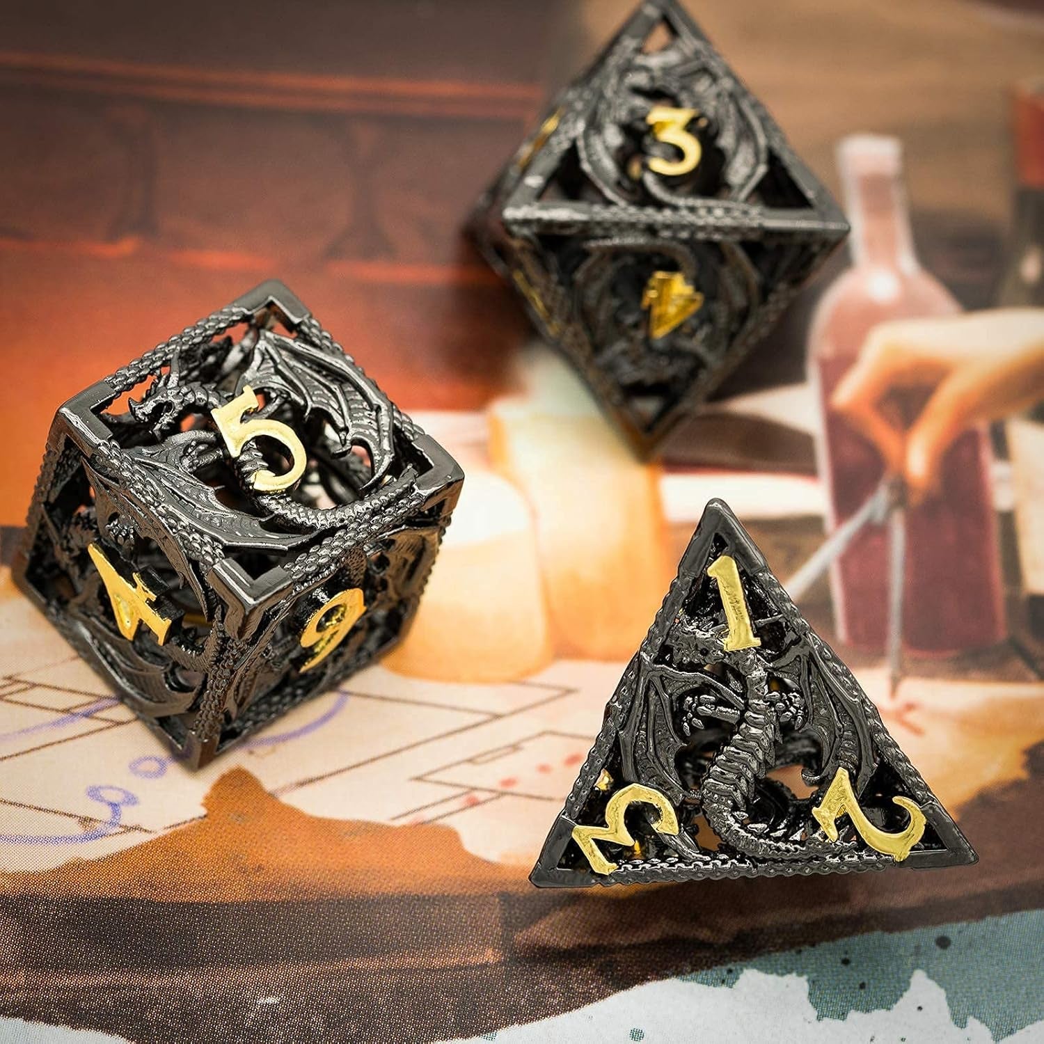 7PCS DND Dice Set, D&D Dice Set Dragon Hollow Dice with Tin Box, Metal D N D Dice for Dungeons and Dragons RPG MTG (Dragon Black Golden)